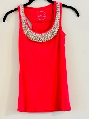 INC Coral Ribbed Tank With Pearls Embellished Neckline Size XS